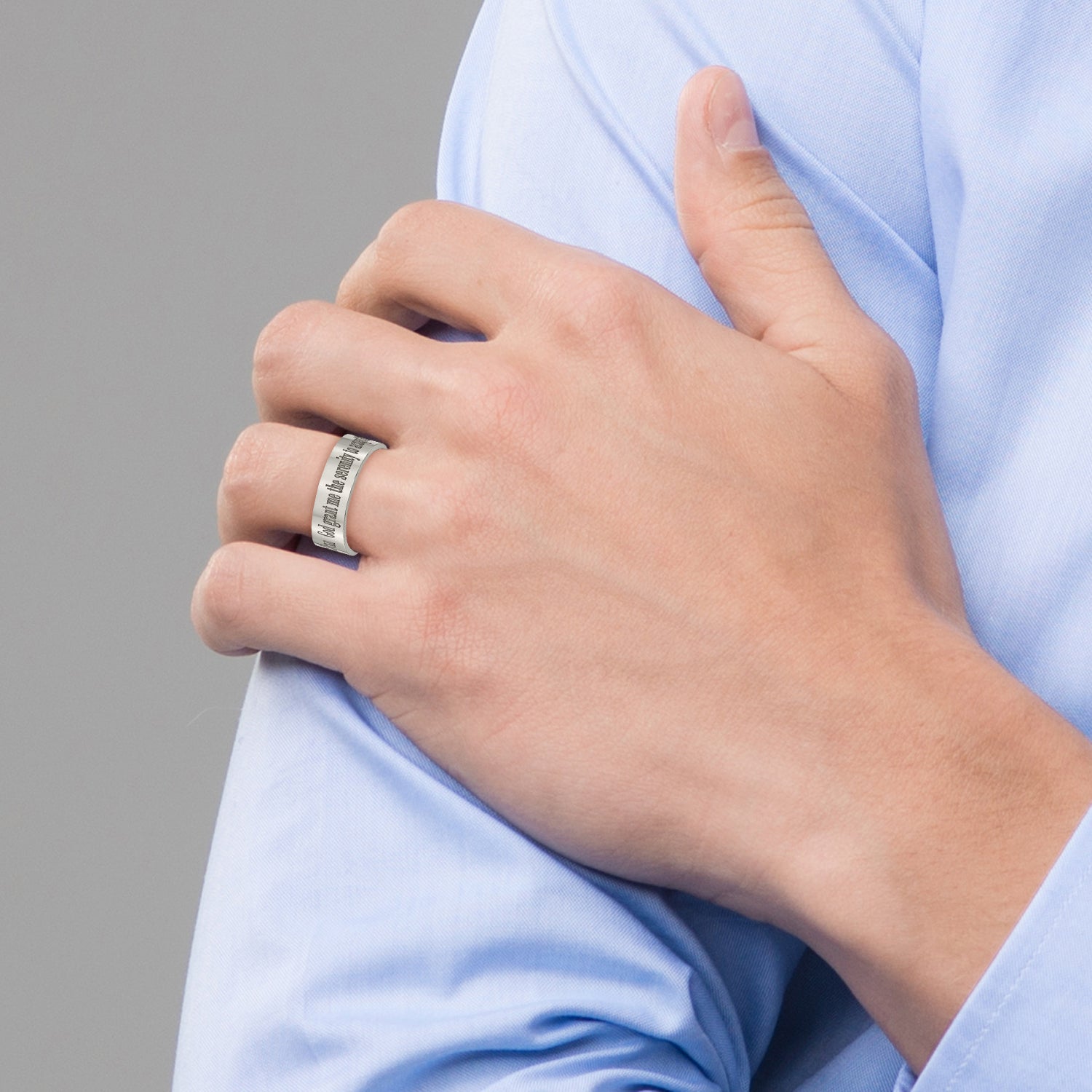 Unisex Titanium Serenity Prayer Wedding Band with Polished Laser Design