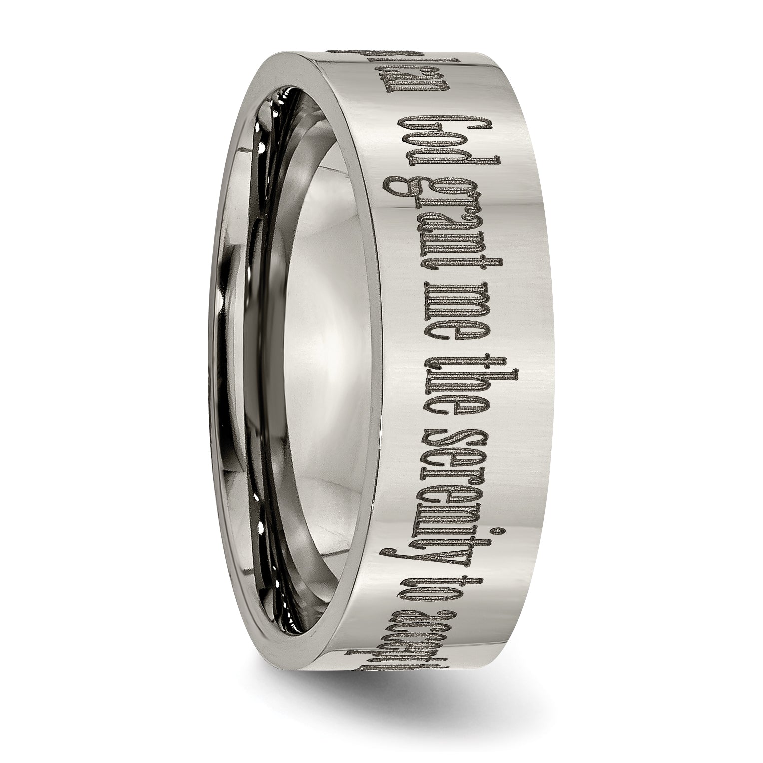 Unisex Titanium Serenity Prayer Wedding Band with Polished Laser Design