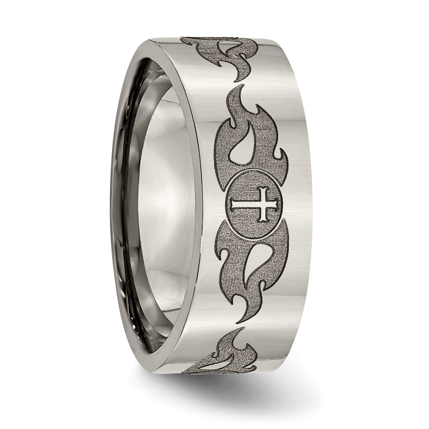 Titanium Polished Cross with Flames Laser Design 8mm Flat Band