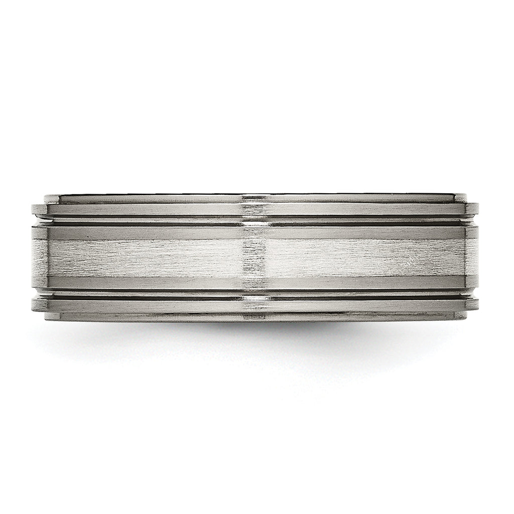Titanium Silver Inlay Unisex Wedding Band with Polished Ridged Edge