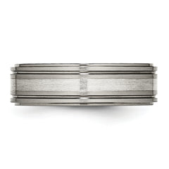 Titanium Silver Inlay Unisex Wedding Band with Polished Ridged Edge