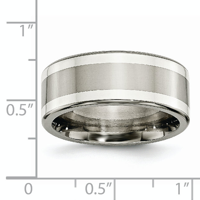 Titanium Silver Inlay Unisex Wedding Band with Polished Finish