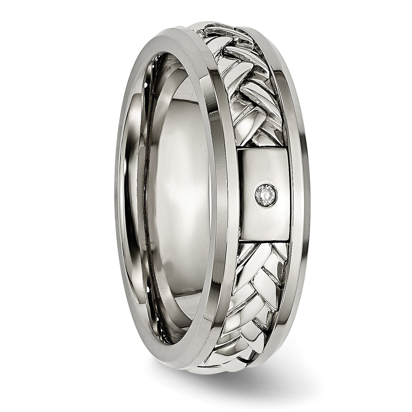 Titanium Sterling Silver Inlay Unisex Polished Diamond Wedding Band