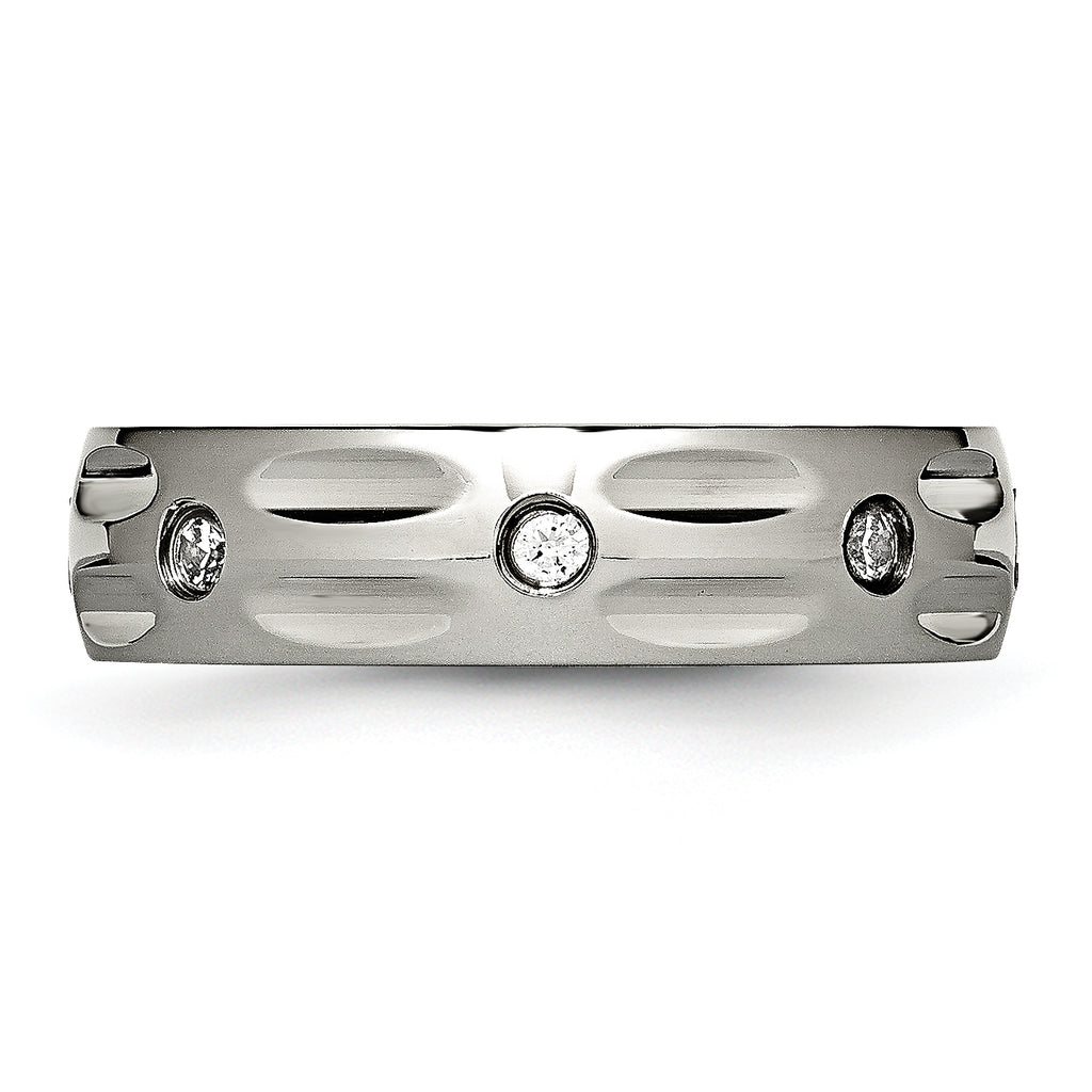 Grooved CZ Wedding Band in Titanium, 6mm