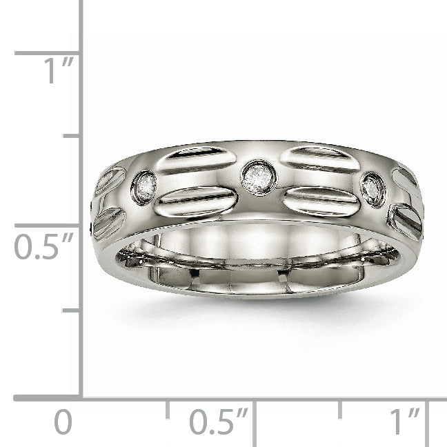 Grooved CZ Wedding Band in Titanium, 6mm