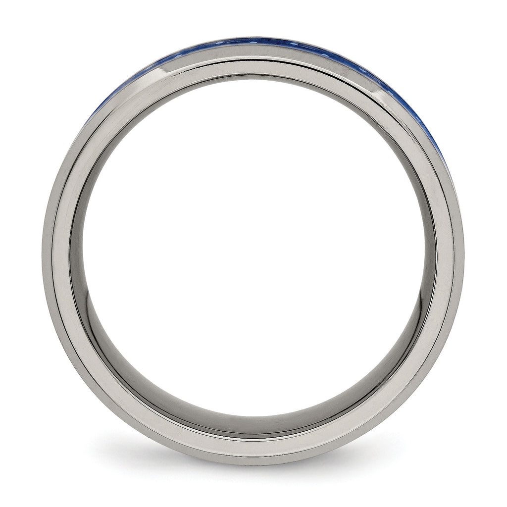 Beveled Wedding Band in Titanium with Blue Carbon Fiber Inlay, 8mm