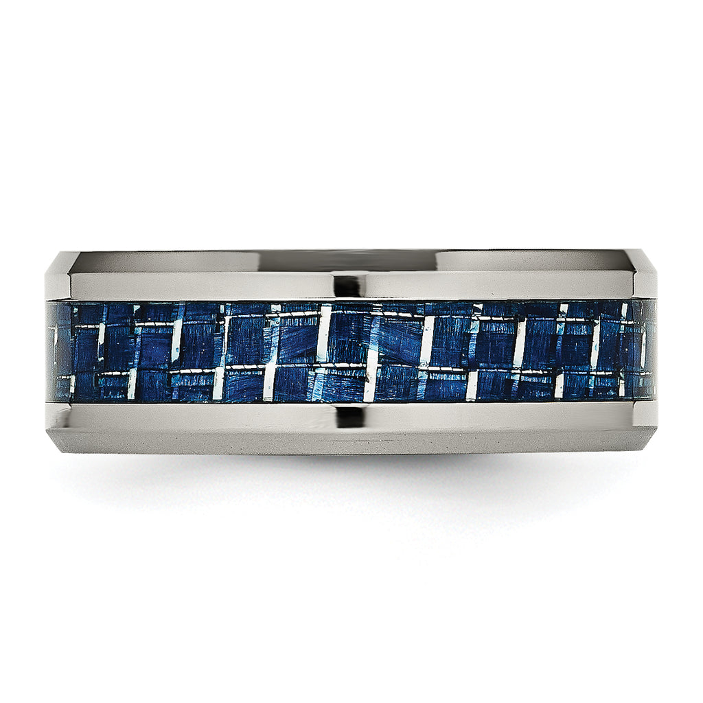 Beveled Wedding Band in Titanium with Blue Carbon Fiber Inlay, 8mm