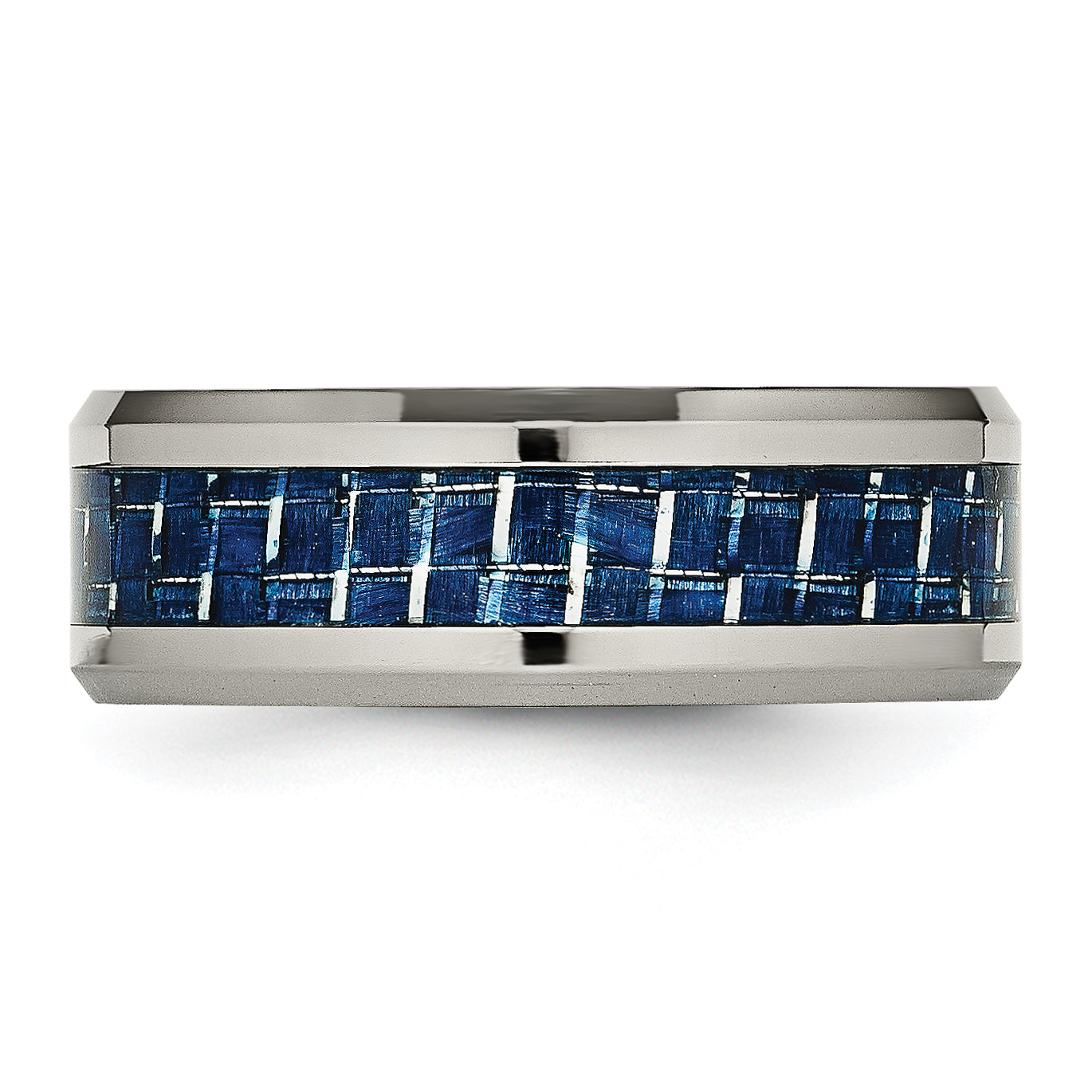 Beveled Wedding Band in Titanium with Blue Carbon Fiber Inlay, 8mm