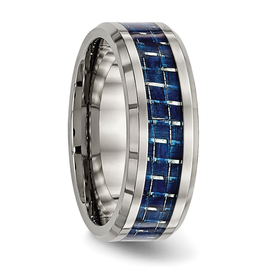 Beveled Wedding Band in Titanium with Blue Carbon Fiber Inlay, 8mm
