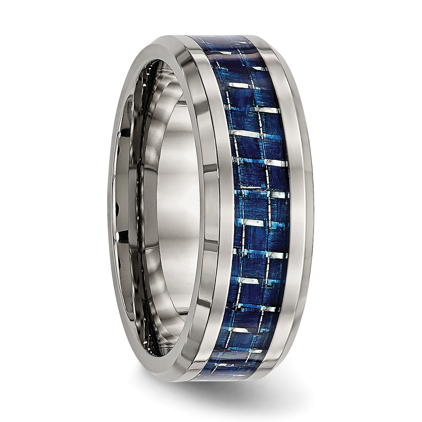 Beveled Wedding Band in Titanium with Blue Carbon Fiber Inlay, 8mm