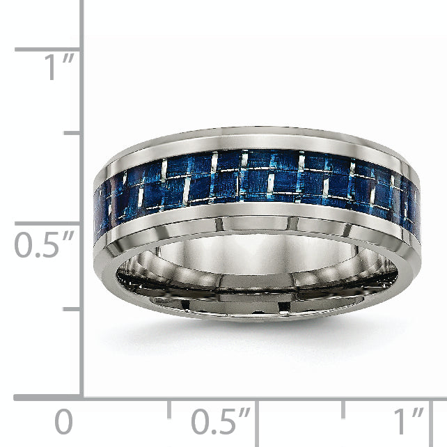 Beveled Wedding Band in Titanium with Blue Carbon Fiber Inlay, 8mm