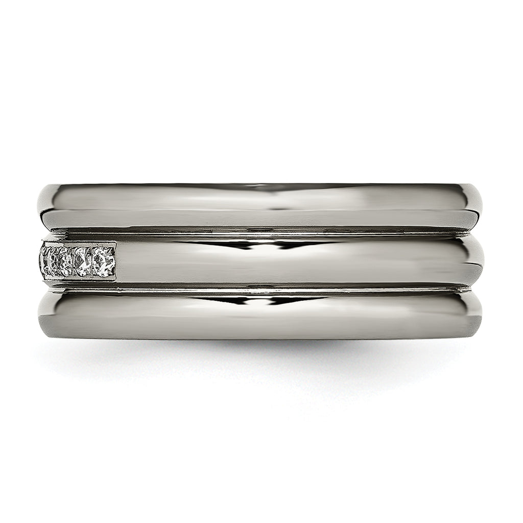 Grooved CZ Wedding Band in Titanium, 8mm