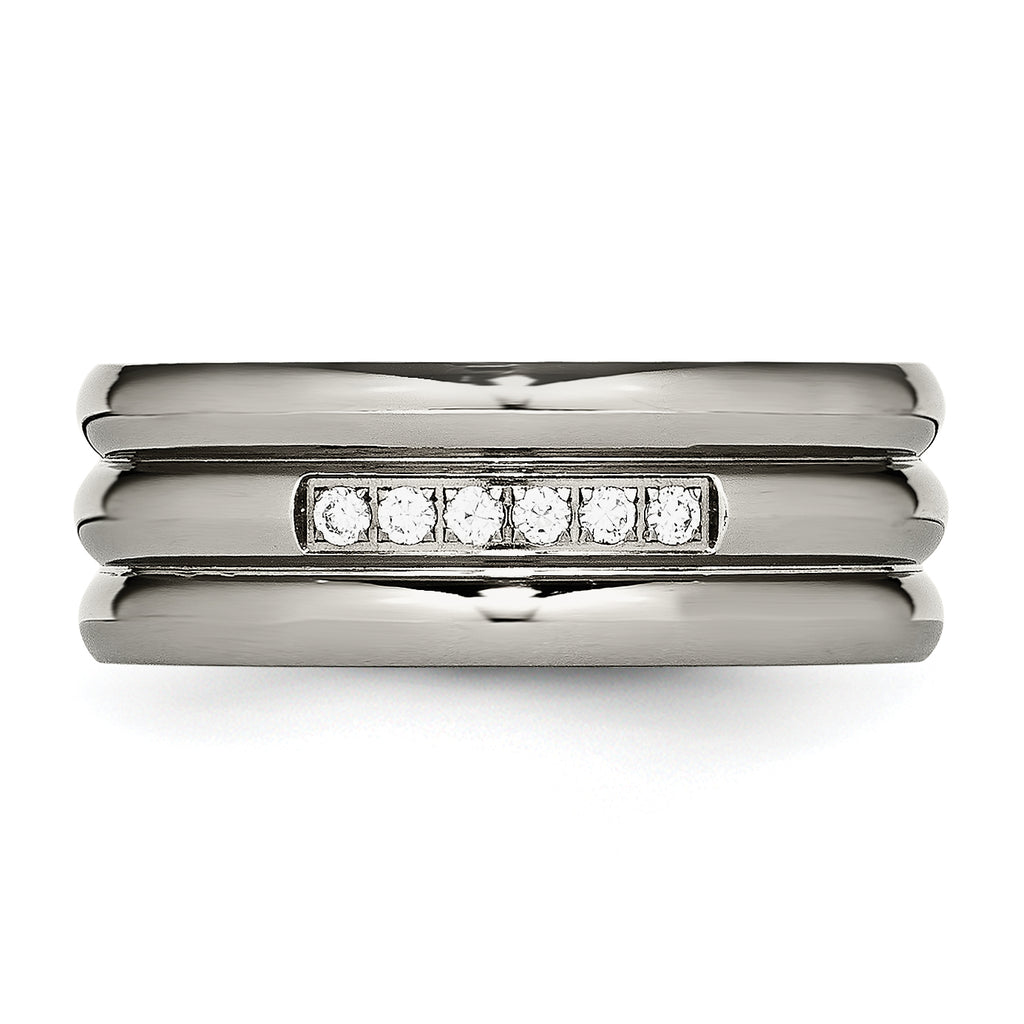 Grooved CZ Wedding Band in Titanium, 8mm