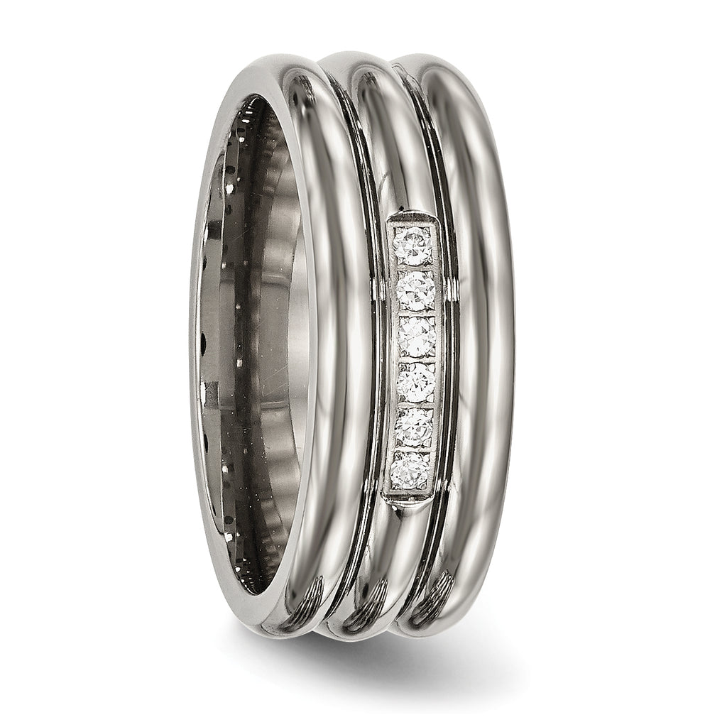 Grooved CZ Wedding Band in Titanium, 8mm