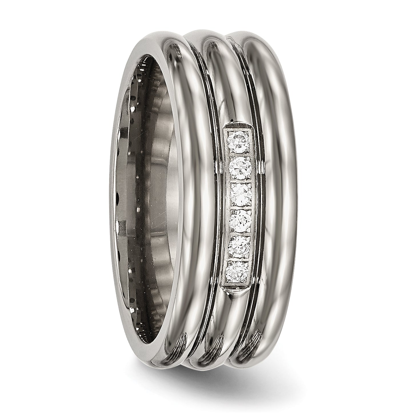 Grooved CZ Wedding Band in Titanium, 8mm