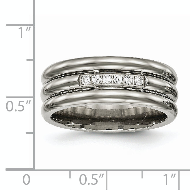 Grooved CZ Wedding Band in Titanium, 8mm