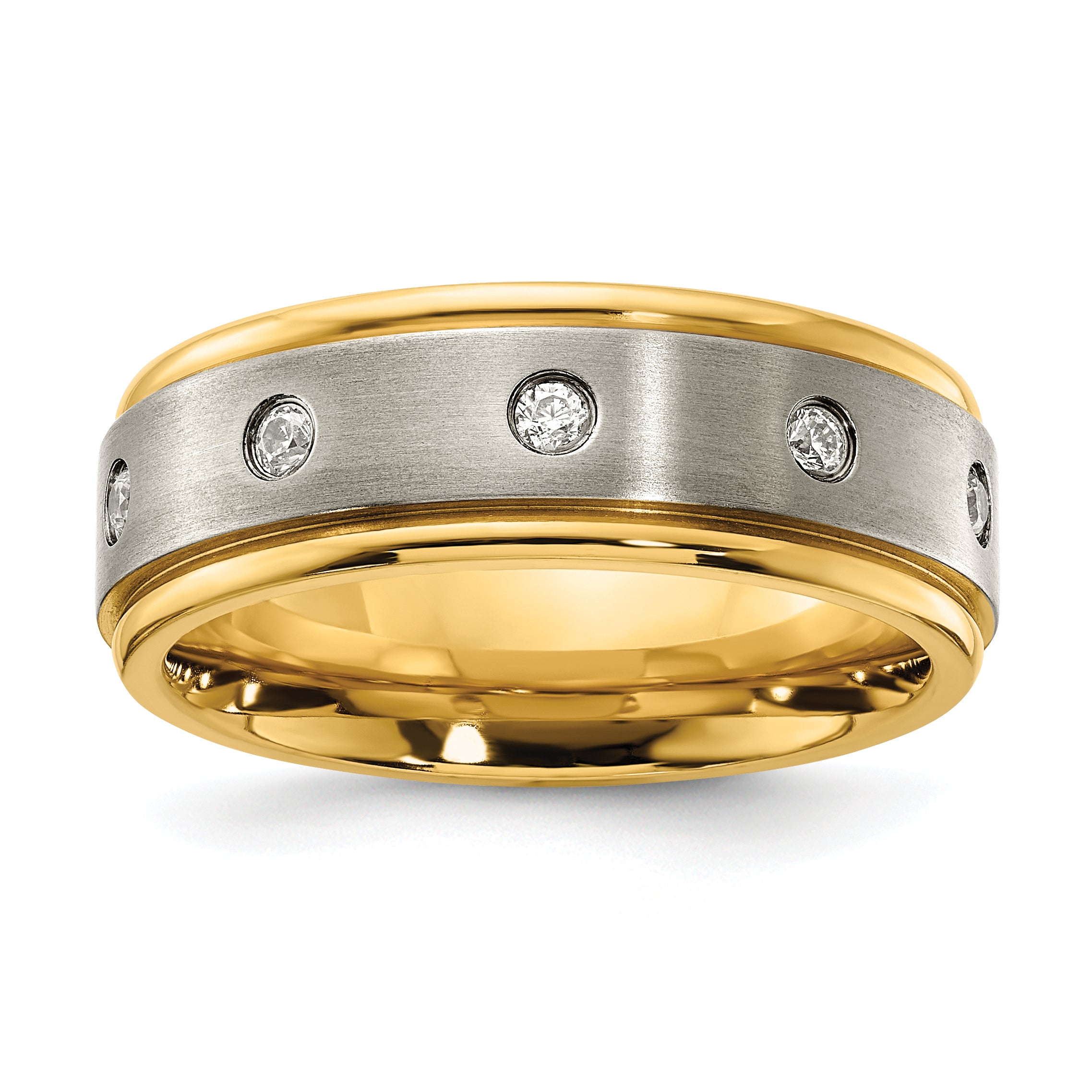 Titanium Polished with Brushed Center Yellow IP-plated CZ 8.00mm Band