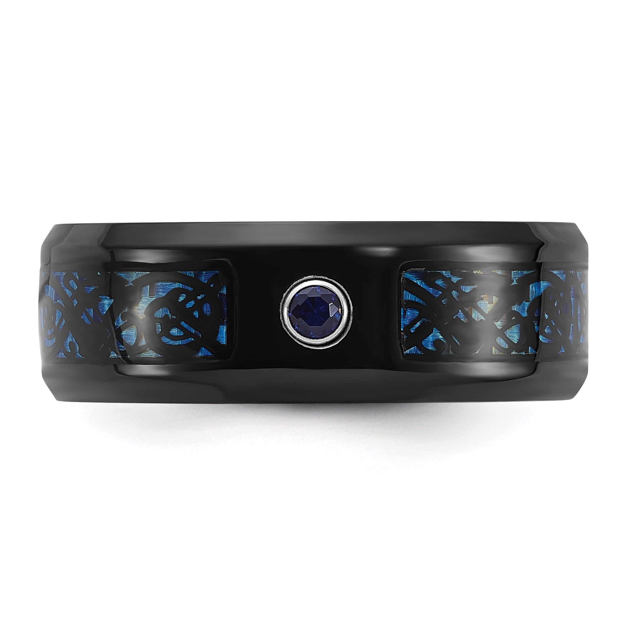 Titanium Polished Black and Blue IP-plated with Blue CZ Carbon Fiber Inlay in Clear Epoxy 8mm Band