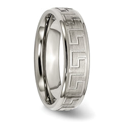 Titanium Greek Key Design 6mm Unisex Wedding Band with Ridged Edges