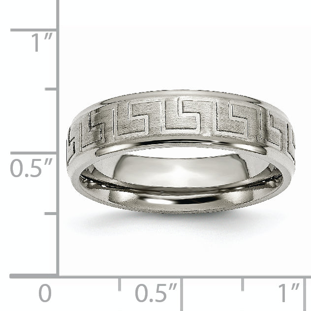 Titanium Greek Key Design 6mm Unisex Wedding Band with Ridged Edges