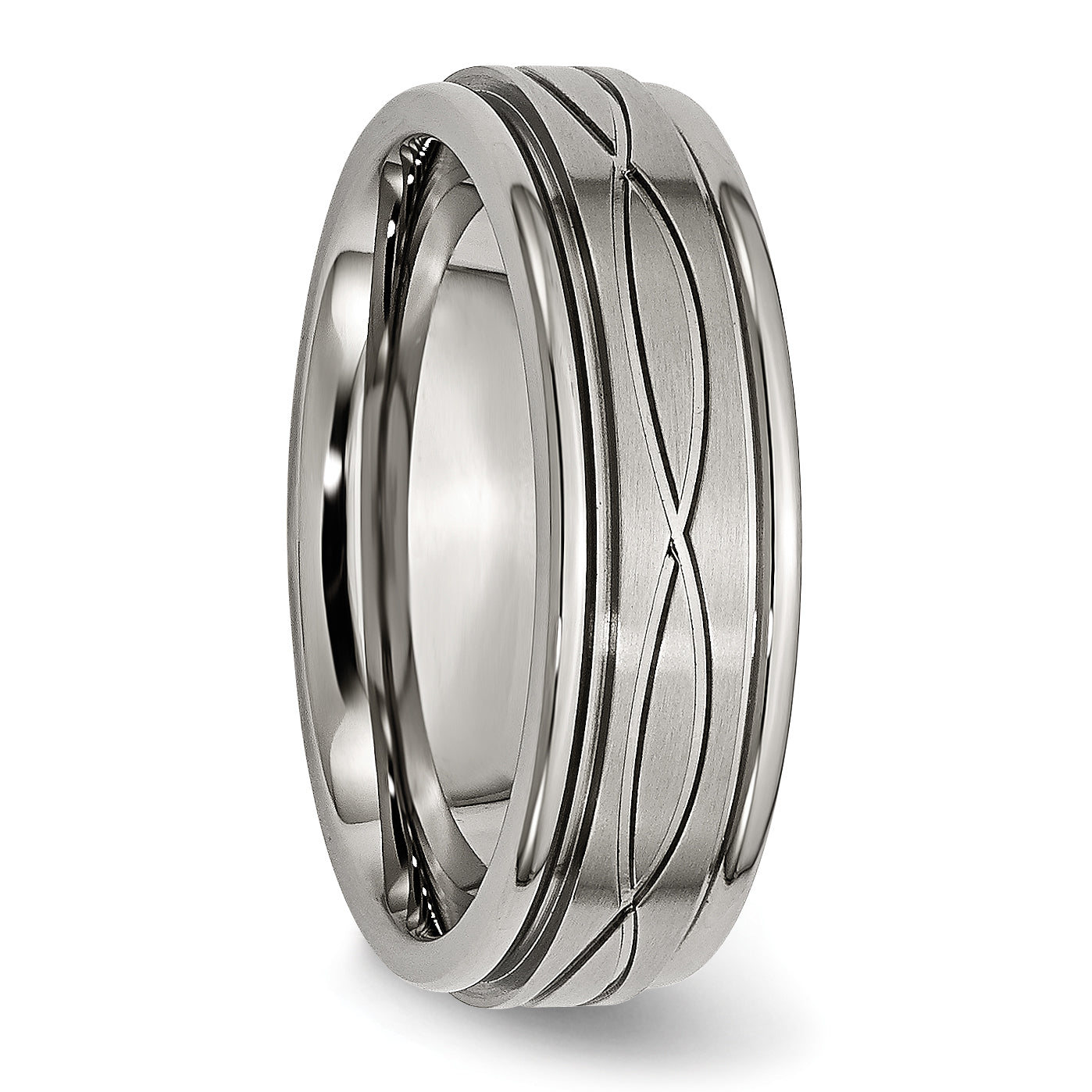 Titanium Brushed Center 7mm Criss-cross Design Ridged Edge Band