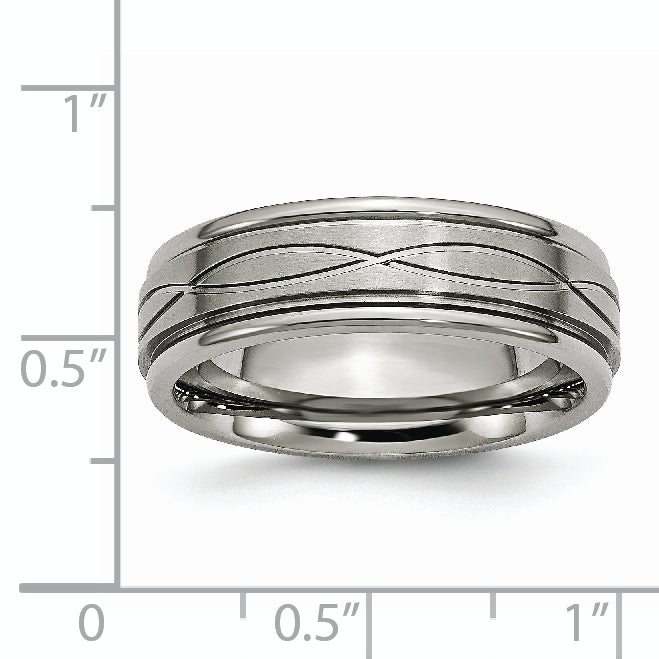 Titanium Brushed Center 7mm Criss-cross Design Ridged Edge Band