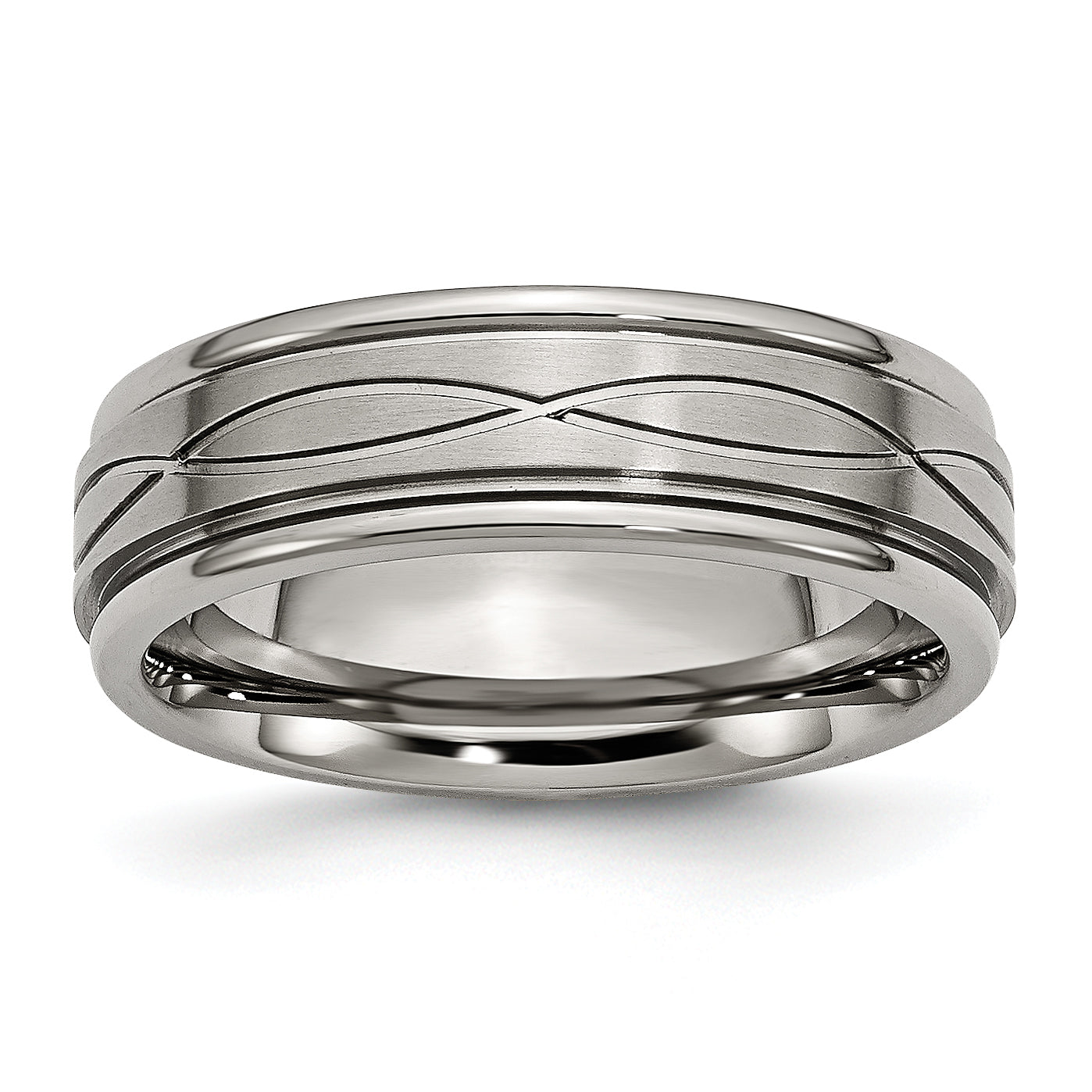 Titanium Brushed Center 7mm Criss-cross Design Ridged Edge Band Main image