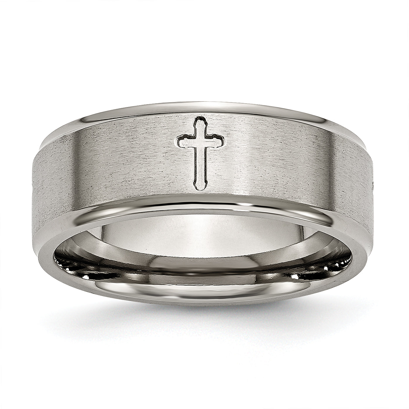Titanium Brushed Center Cross 8mm Ridged Edge Band Main image