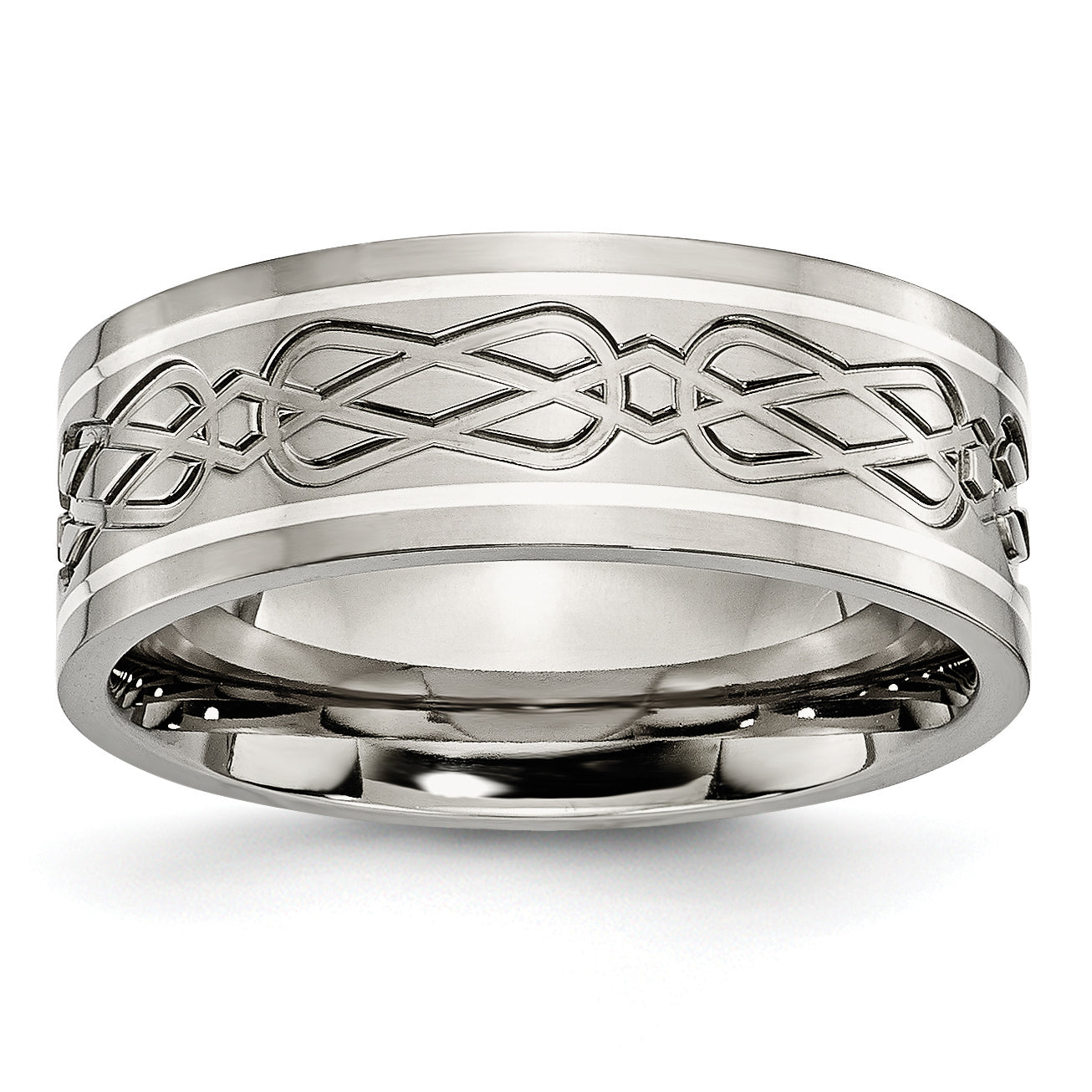 Titanium Polished with Sterling Silver Inlay Celtic Knot 8mm Flat Band Main image