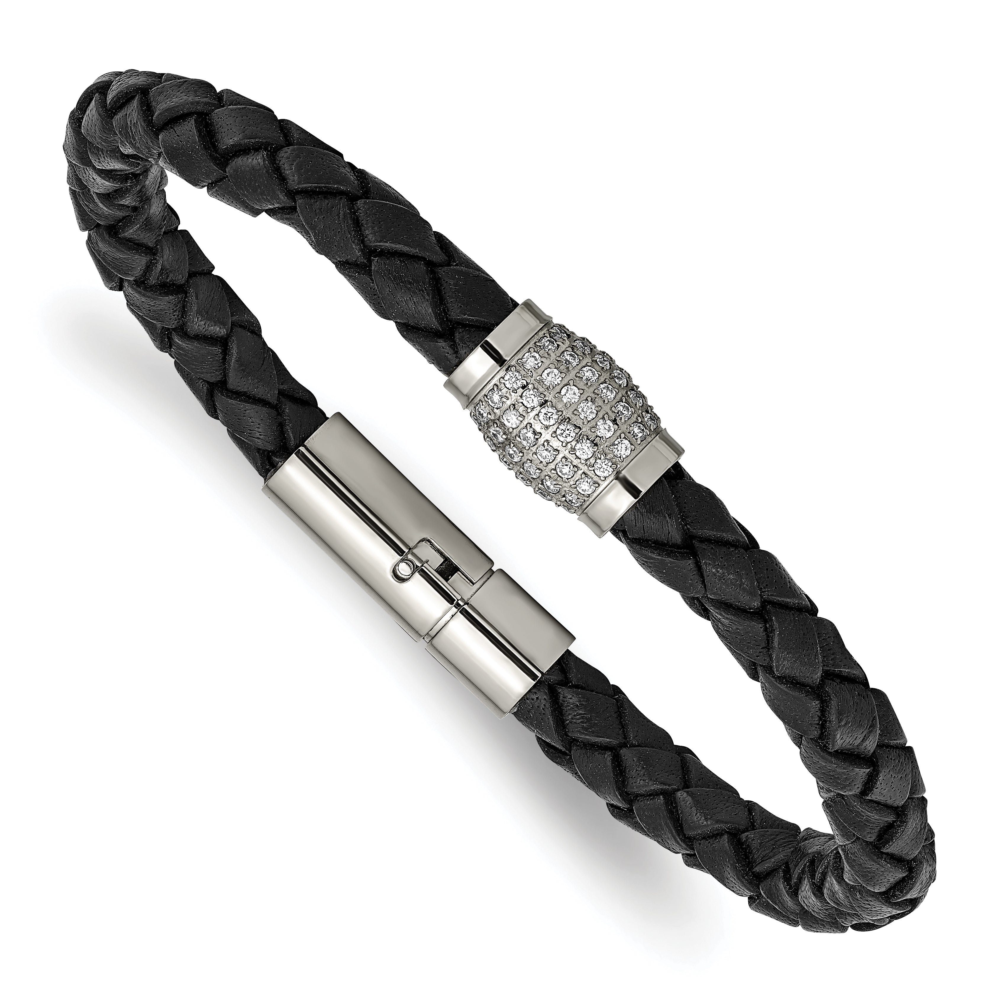Chisel Titanium Polished with CZ Black Leather Bracelet Main image