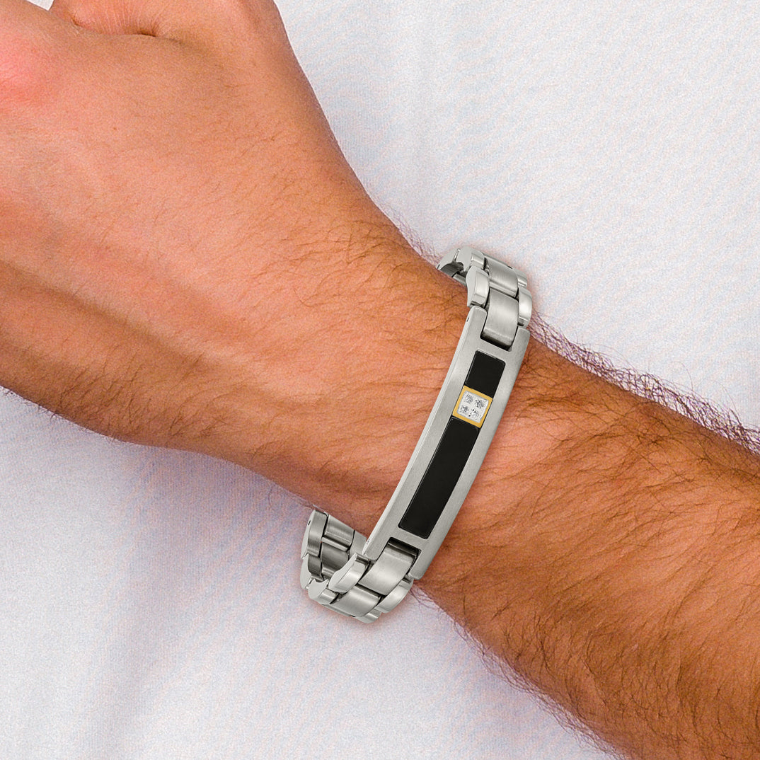 Chisel Titanium with 14K Gold Brushed and Polished with Black Onyx .05 carat Diamond 8.75 inch Bracelet