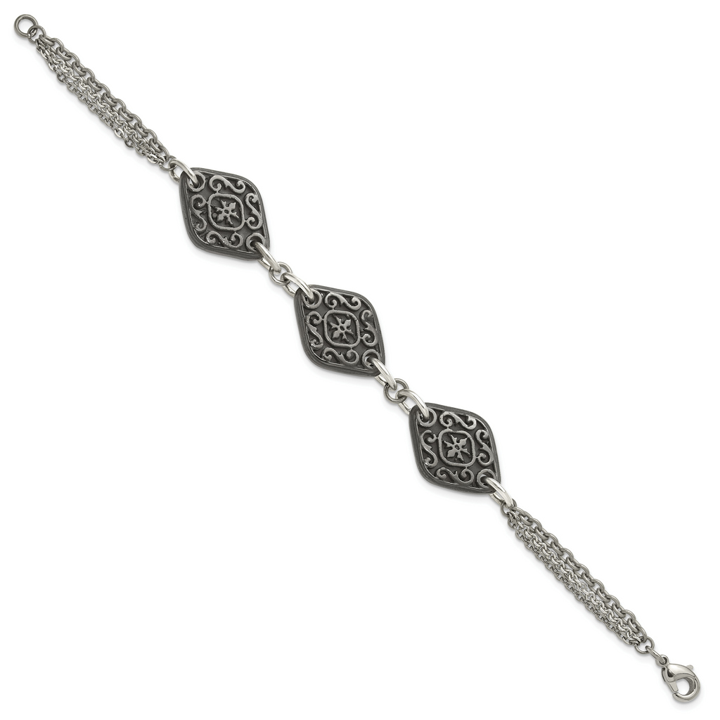 Titanium Sterling Silver Black Ti Polished & Etched 3-Charm Bracelet