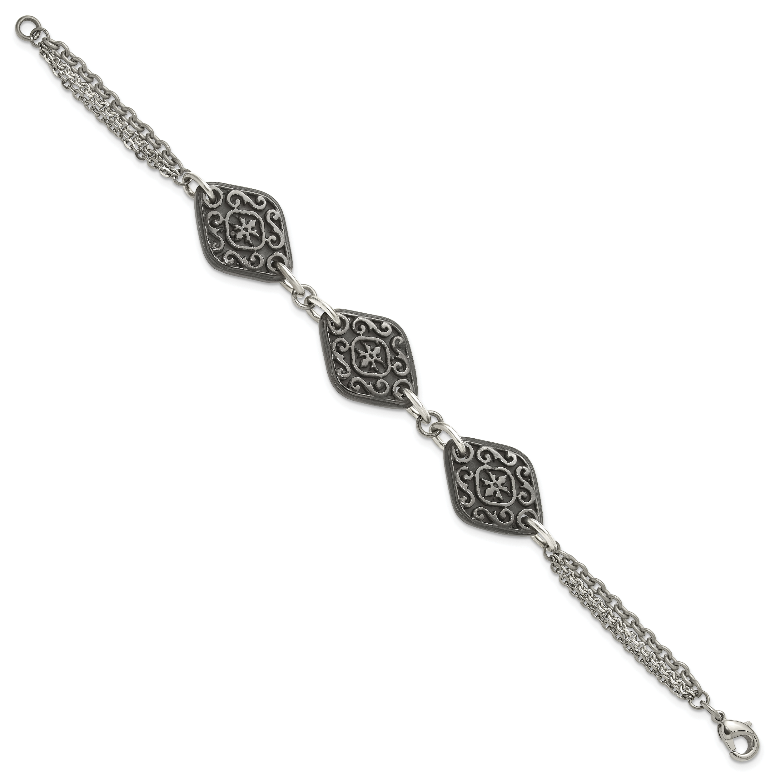 Titanium Sterling Silver Black Ti Polished & Etched 3-Charm Bracelet