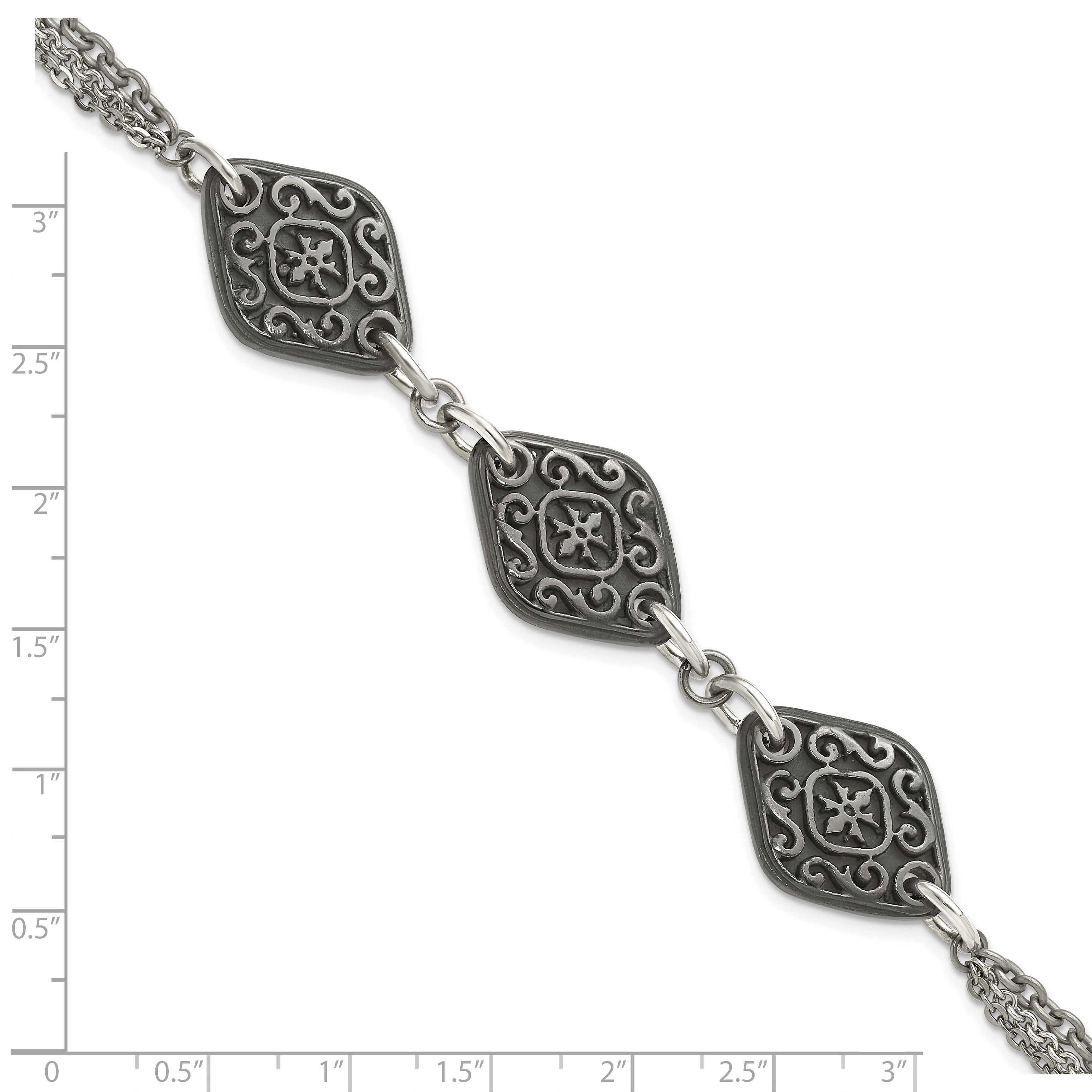 Titanium Sterling Silver Black Ti Polished & Etched 3-Charm Bracelet