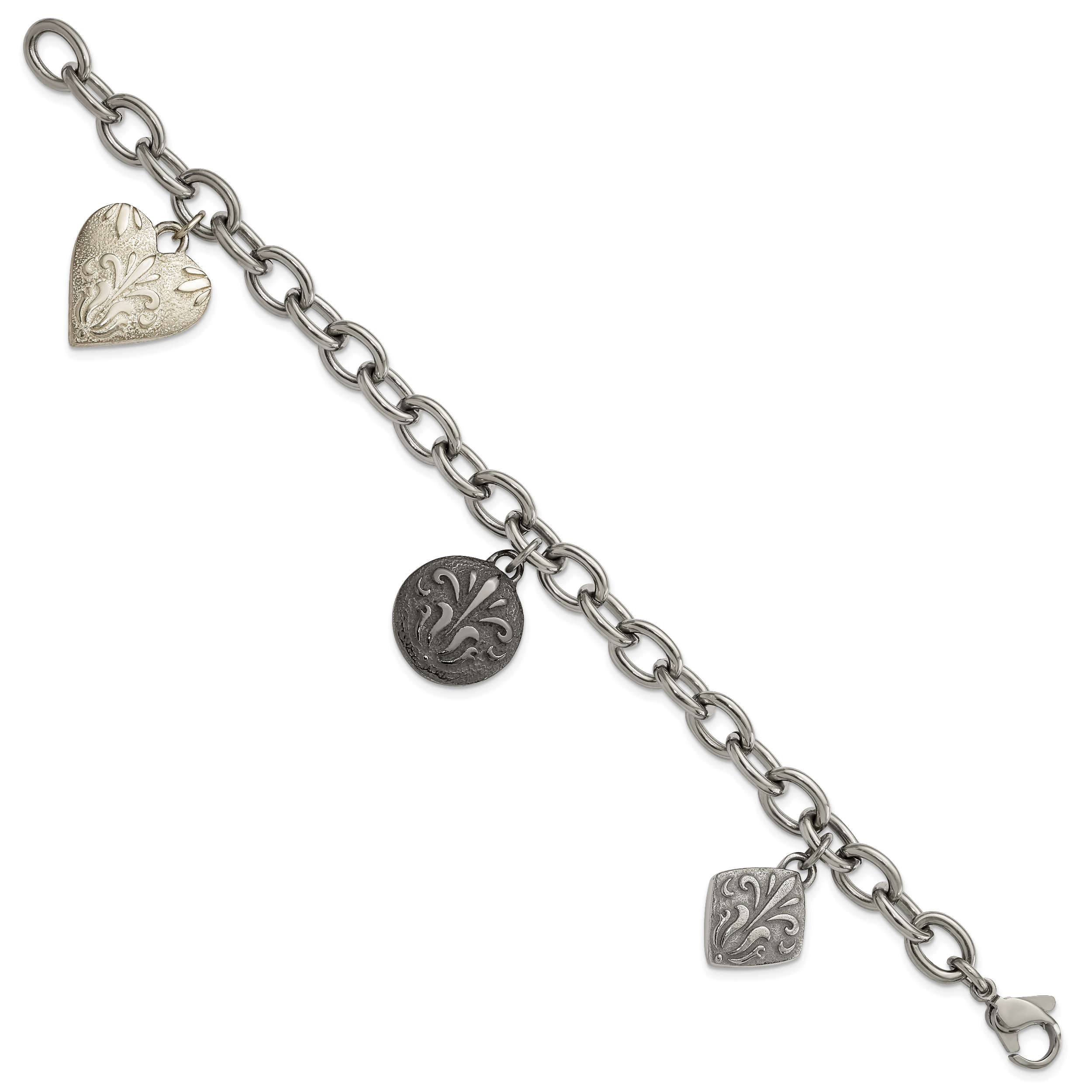 Titanium & Sterling Silver Black Ti Polished & Etched Charm Bracelet Secondary image