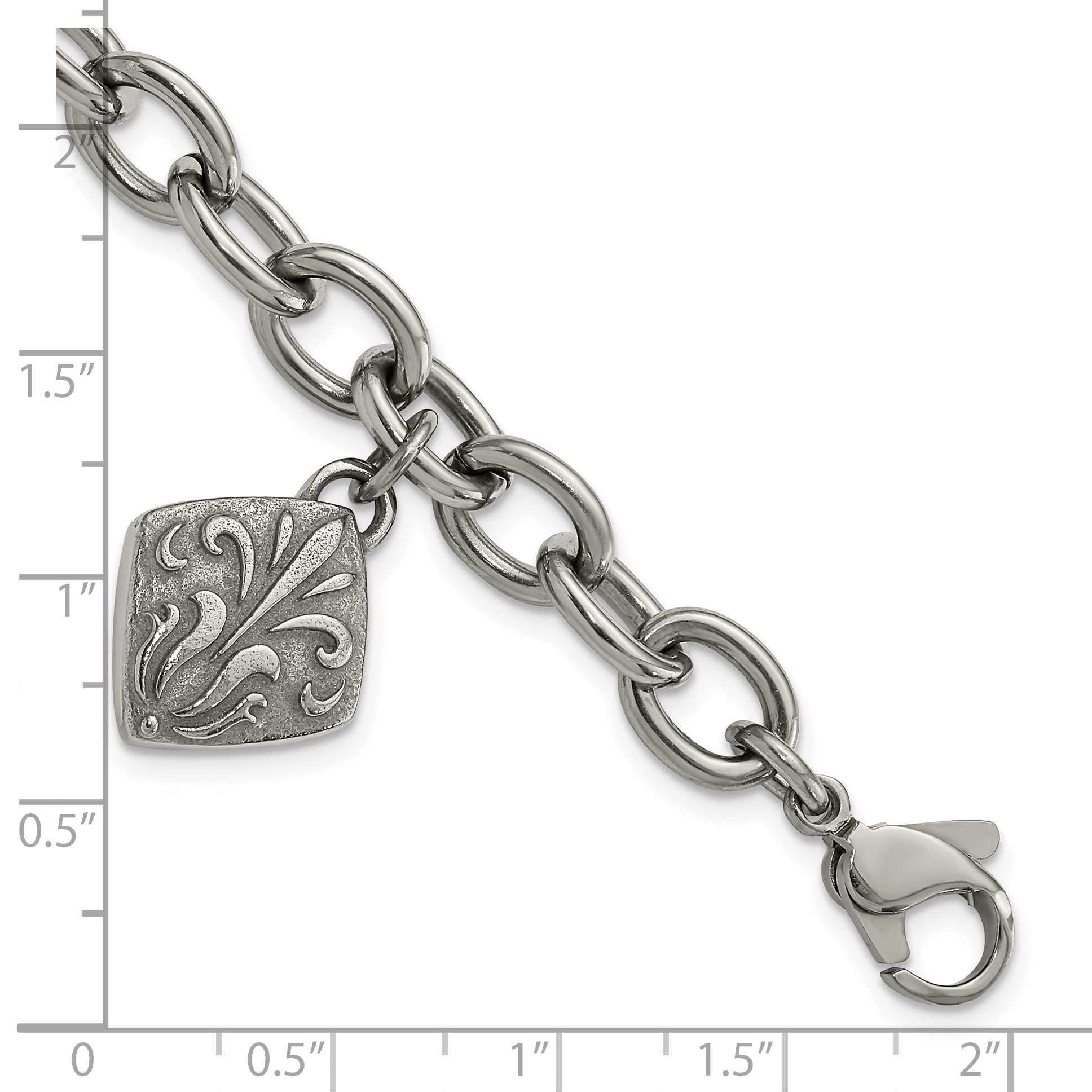 Titanium & Sterling Silver Black Ti Polished & Etched Charm Bracelet