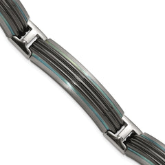 Titanium Sterling Silver Black Ti Polished & Brushed Striped Link Bracelet