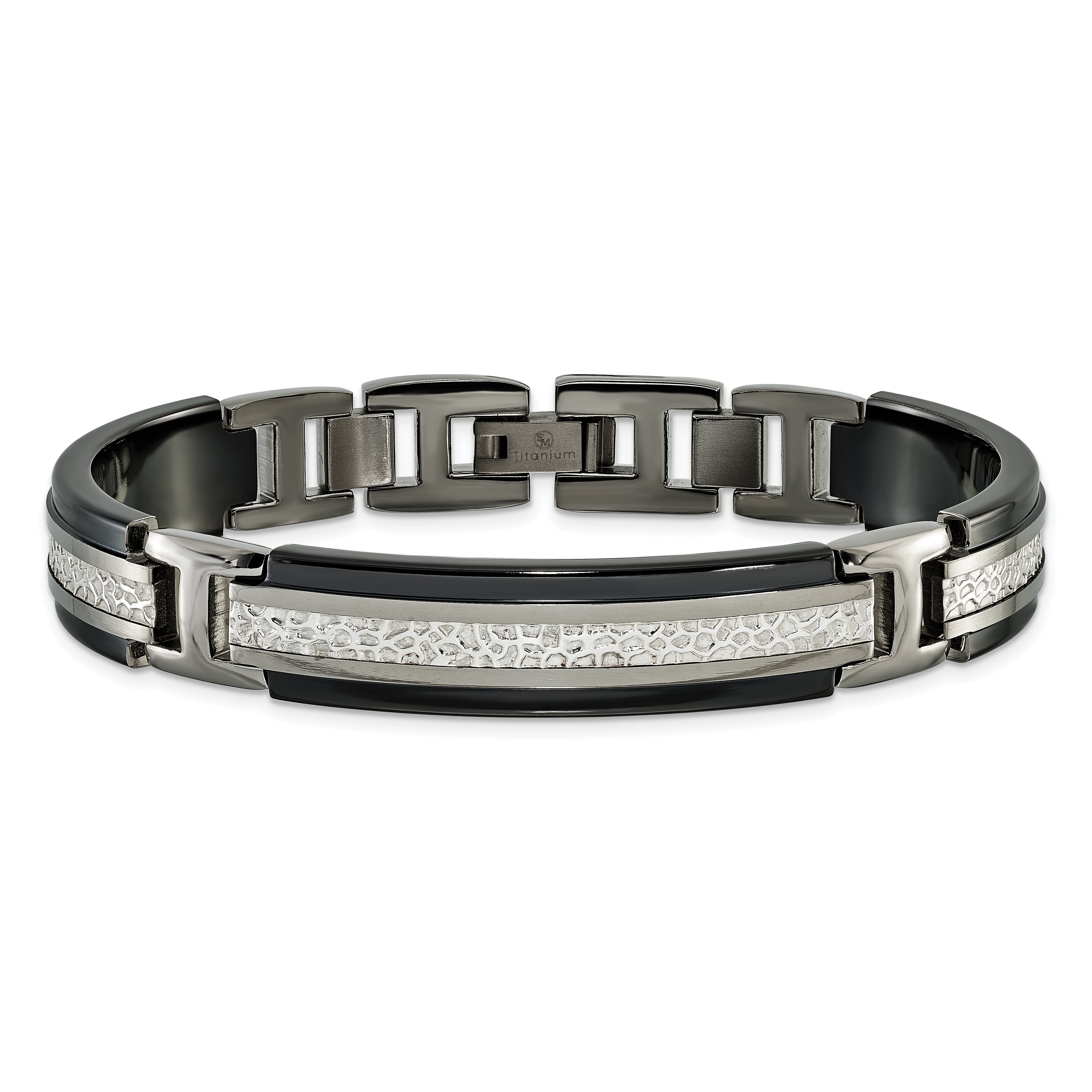 Titanium Sterling Silver Black Ti Men's Polished with Textured Center Link Bracelet