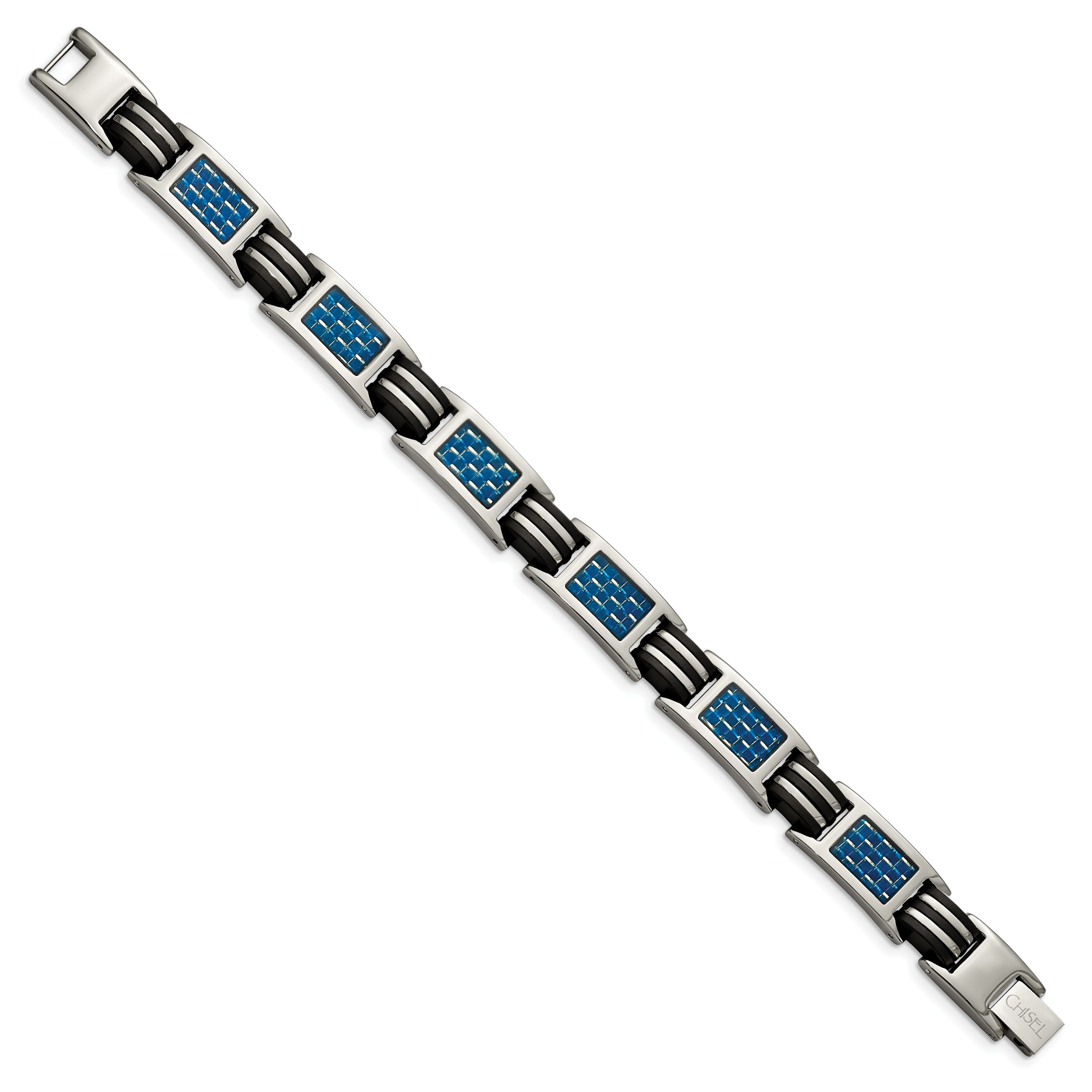 Chisel Titanium Polished with Blue Carbon Fiber Inlay and Rubber 8.5 inch Bracelet