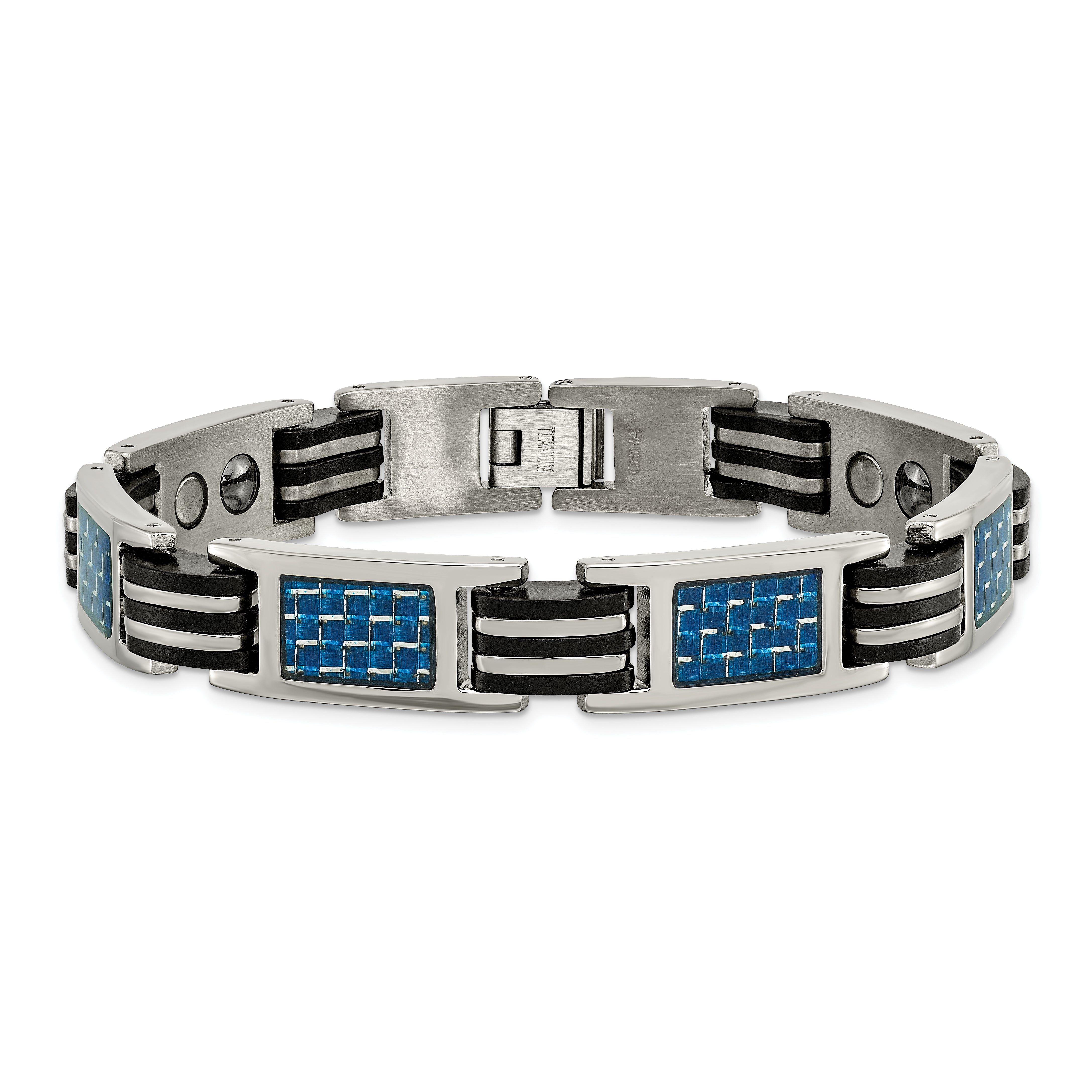 Chisel Titanium Polished with Blue Carbon Fiber Inlay and Rubber 8.5 inch Bracelet