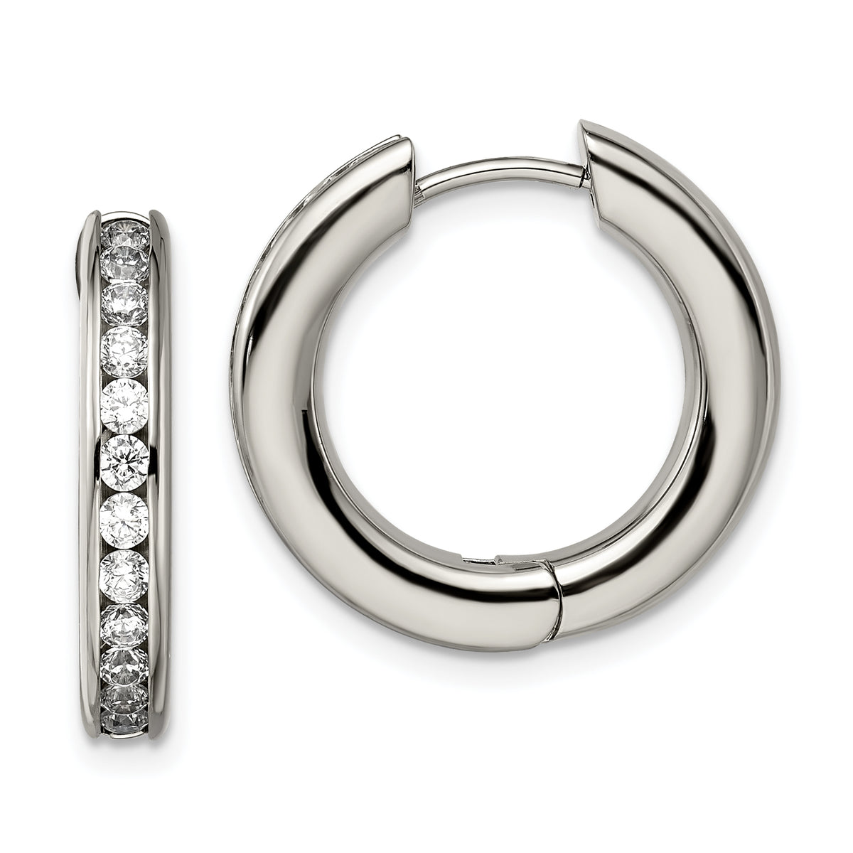 Chisel Titanium Polished CZ Hinged Hoop Earrings