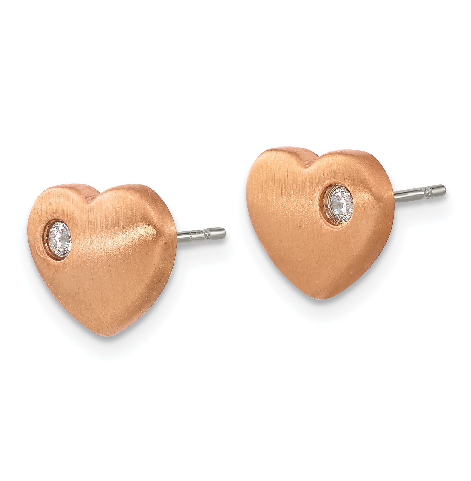 Chisel Titanium Brushed Rose IP-plated with CZ Heart Post Earrings