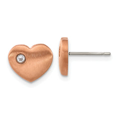 Chisel Titanium Brushed Rose IP-plated with CZ Heart Post Earrings