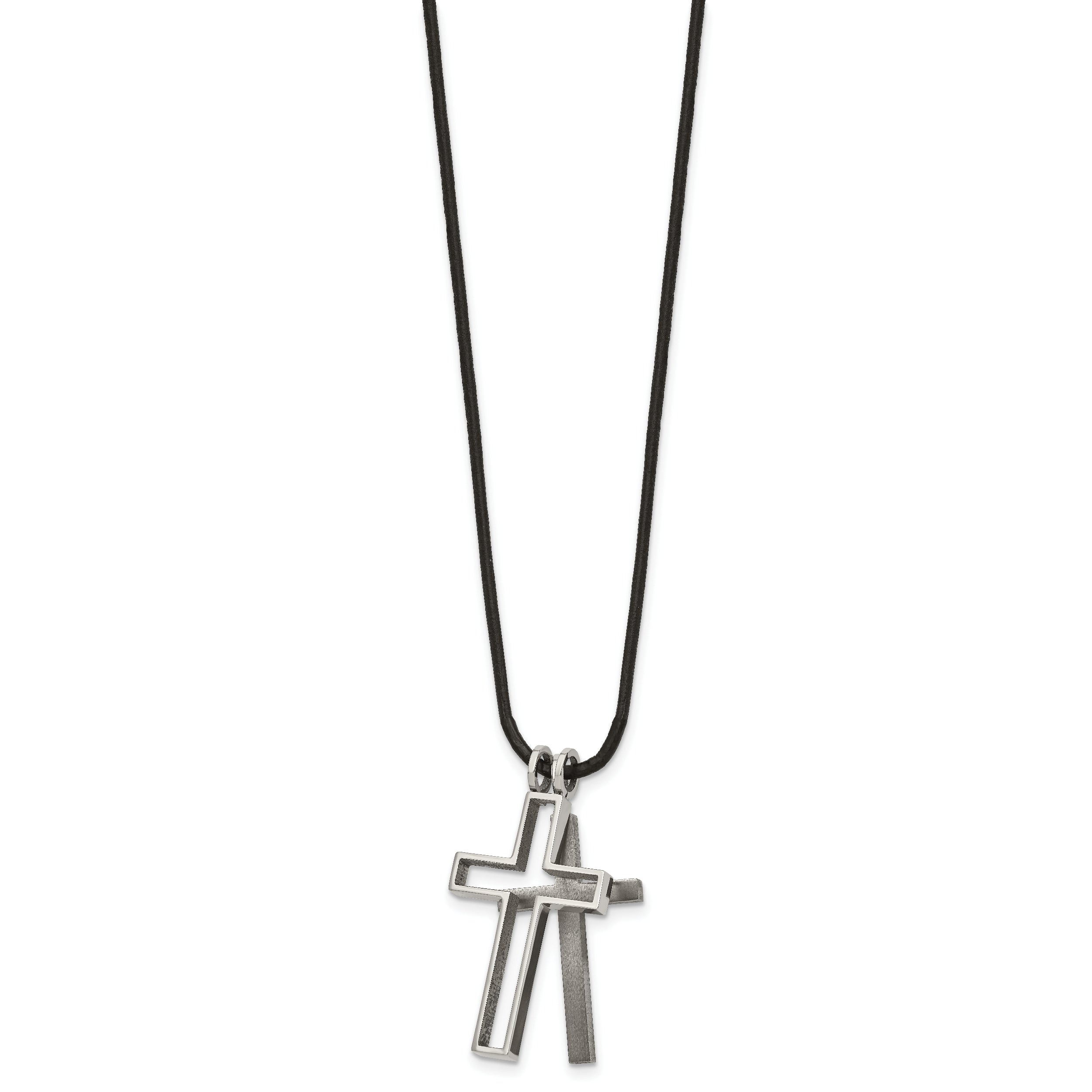 Titanium Leather Cord Cross Necklace, Polished & Engravable, Gift Ready