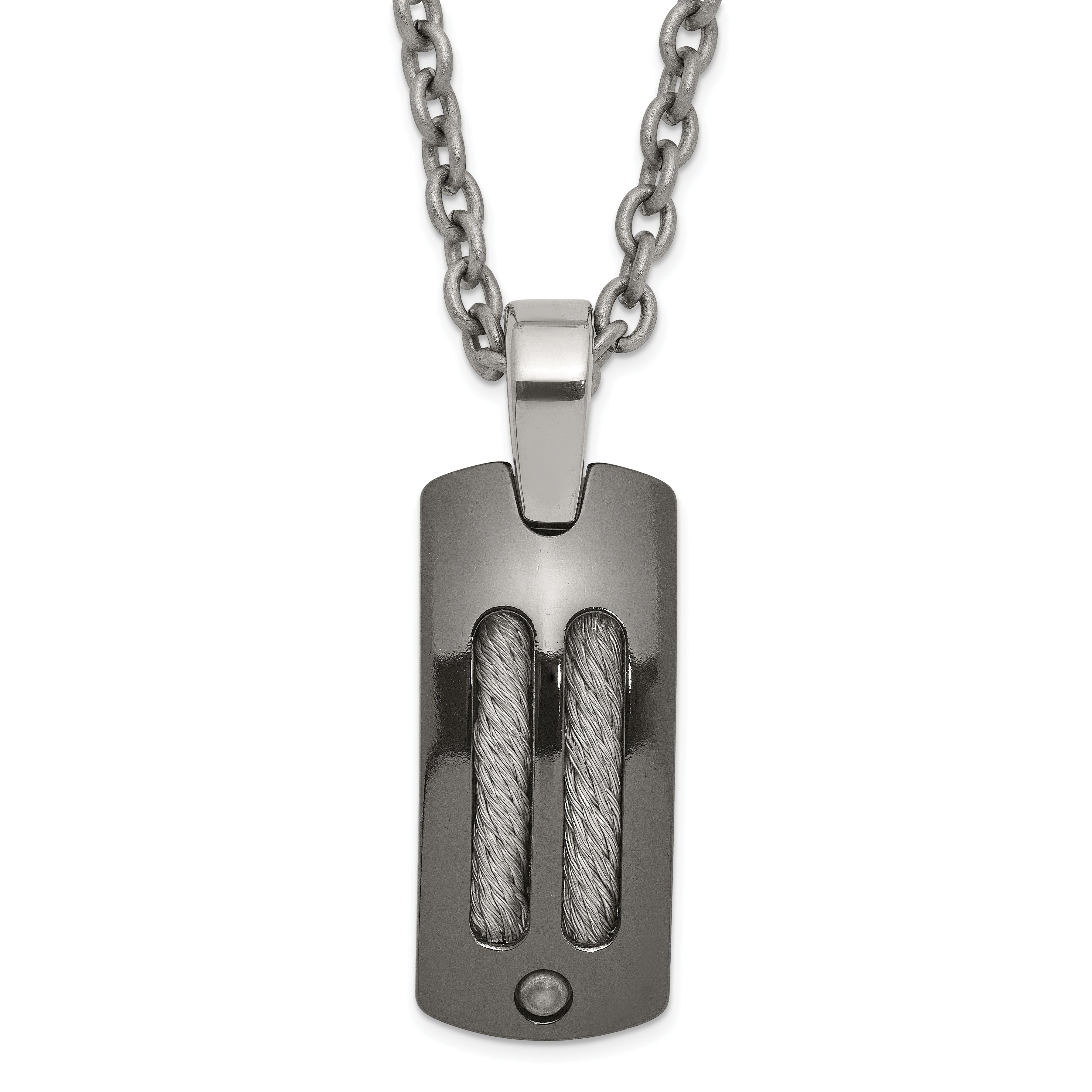 Titanium/Ster.Sil Black Ti Polished w/Cable Inlay Dog Tag Necklace