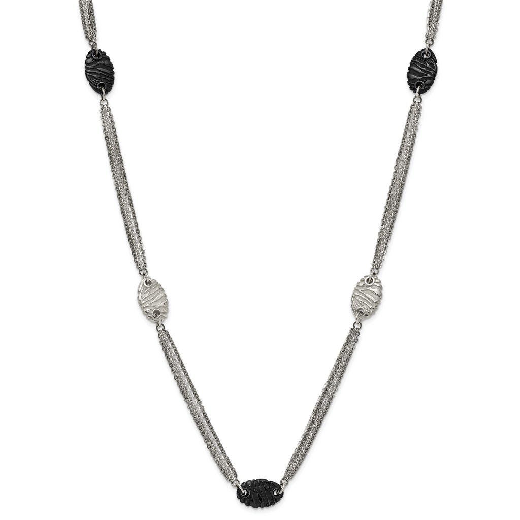 Titanium Sterling Silver Black Ti Polished and Etched Oval Station Necklace