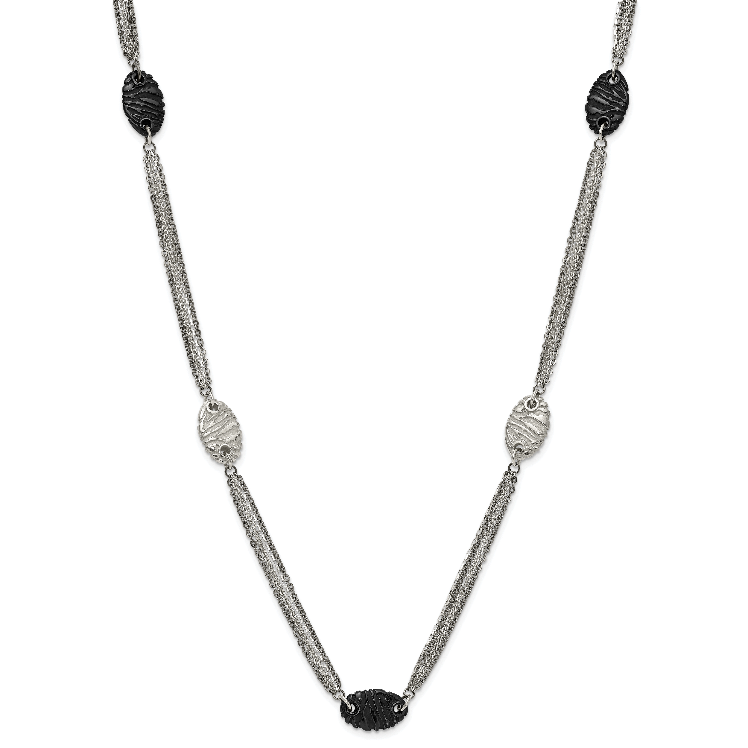 Titanium Sterling Silver Black Ti Polished and Etched Oval Station Necklace