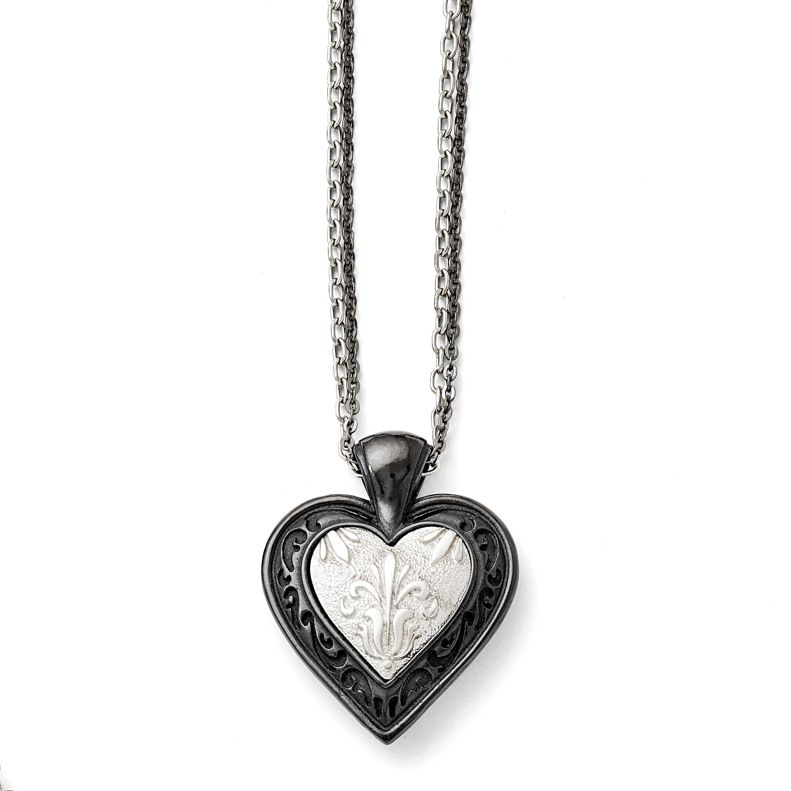 Titanium/Ster.Sil Black Ti Polished Etched Heart w/2 Chain Necklace Main image