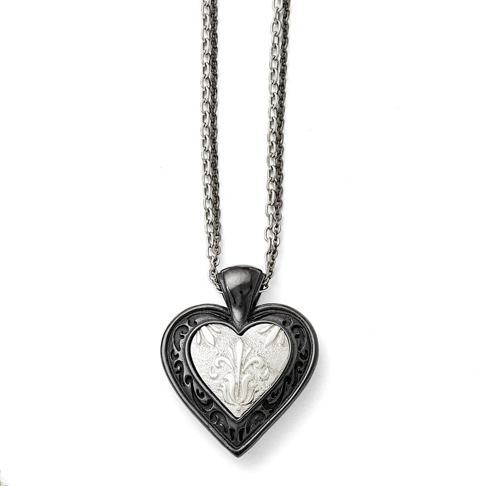 Titanium/Ster.Sil Black Ti Polished Etched Heart With 2 Chain Necklace