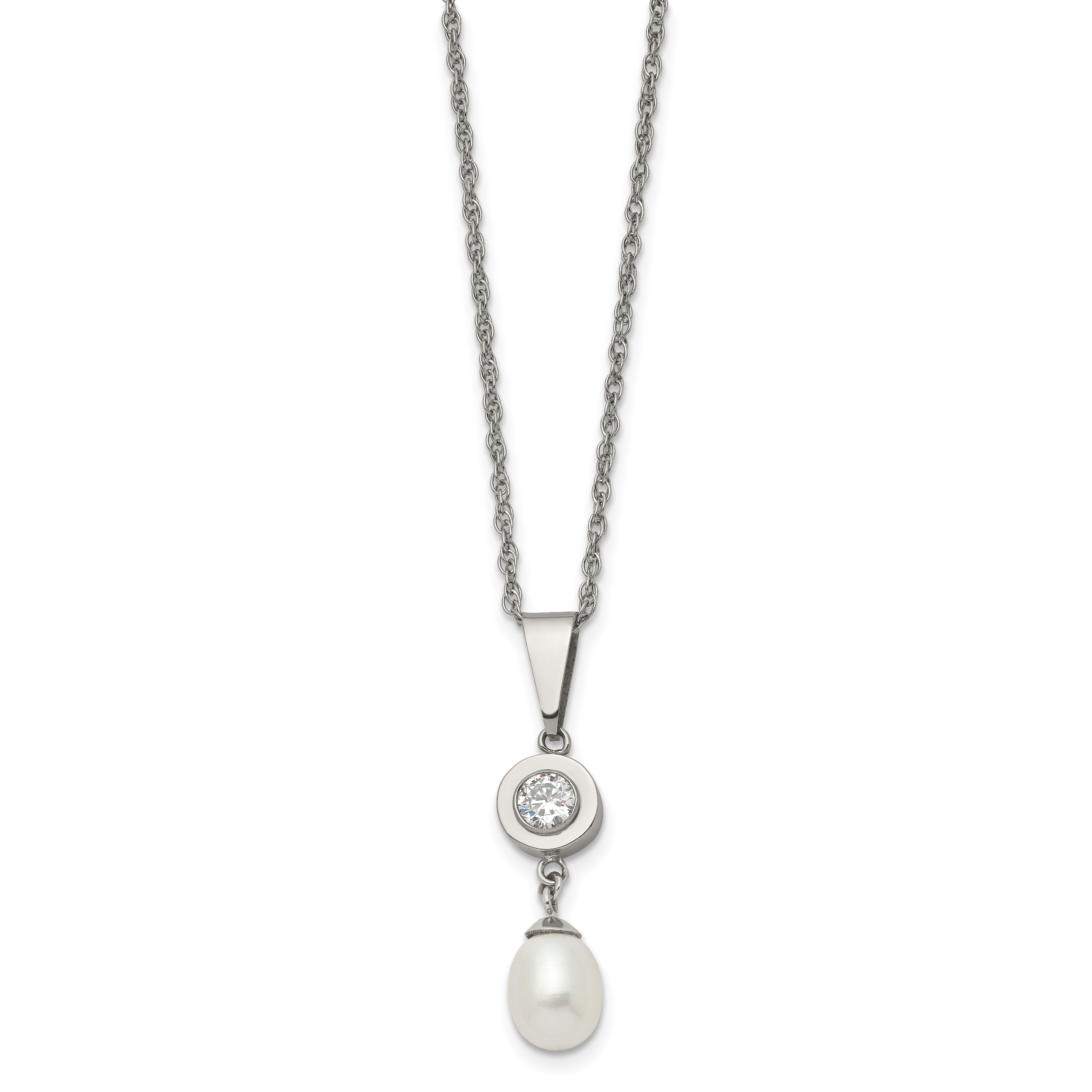 Chisel Titanium Polished with CZ and Freshwater Cultured Pearl 22 inch Necklace Secondary image